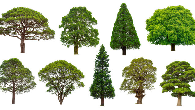 Isolated diverse collection of various green leafy and coniferous trees with dense canopies, branches, and trunks.