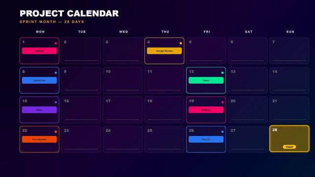 A dynamic digital interface displays a growing Team Project Timeline as colorful task markers and deadlines pop up sequentially across a dark modern calendar grid.