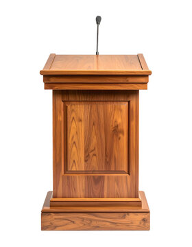 Wooden podium lectern with a small microphone for public speaking events, conferences, and political debates on transparent background