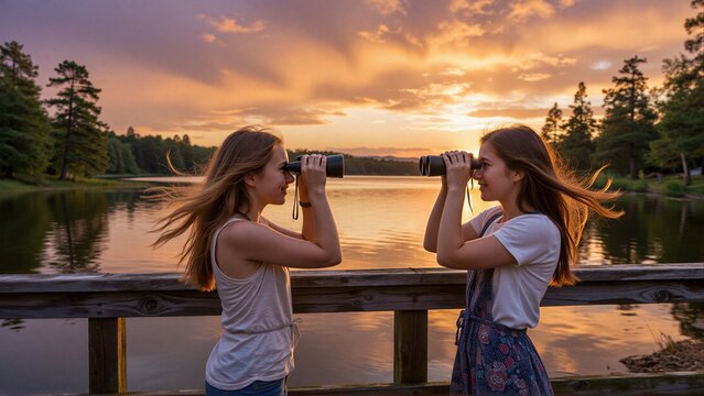 Two friends gaze at sunset through binoculars by a lakeside fence.