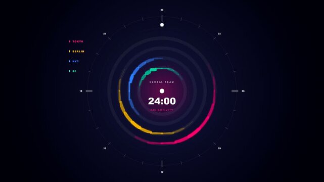 A futuristic and dynamic Team Project Timeline visualization displays global activity patterns using colorful concentric rings that rotate and expand across a dark digital interface.