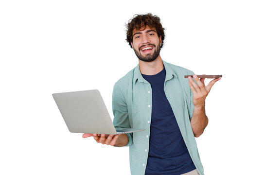 Happy man holding laptop and smartphone using wireless technology for communication and remote work, transparent background