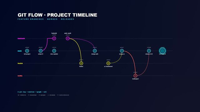 A dynamic digital animation showing a complex Team Project Timeline evolving with colorful nodes and branches representing software development progress on a dark background