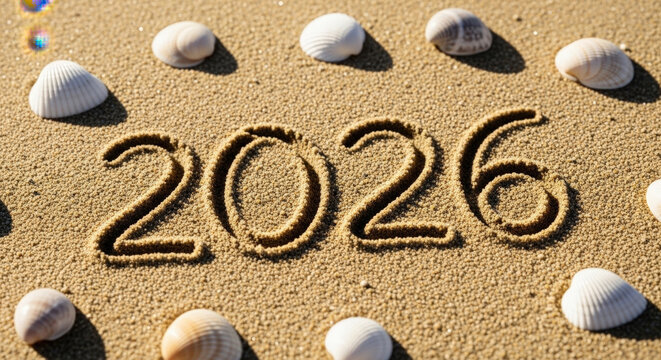 New year twenty twenty six numbers written in sand beach texture with white sea shells framing festive seasonal date message for upcoming future.