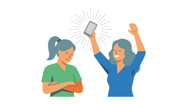 An illustration depicting contrasting emotions: one woman is beaming with joy, holding up a glowing smartphone, while the other woman looks upset and has her arms crossed