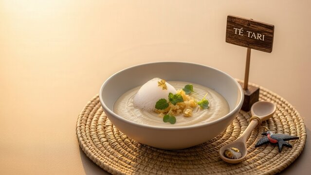 Gourmet Te Tari breadfruit paste with coconut foam and edible gold, elegant Pacific Island presentation with soft beige copy space