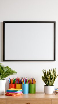 Modern classroom setting with whiteboard and school supplies arranged on wooden table Generative AI