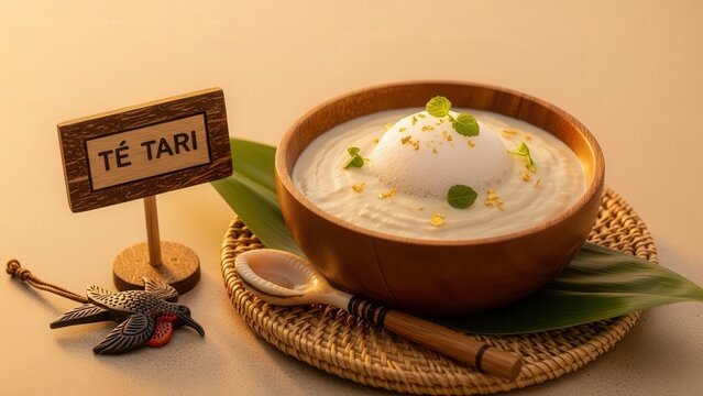 Gourmet Te Tari breadfruit paste with coconut foam and edible gold, elegant Pacific Island presentation with soft beige copy space