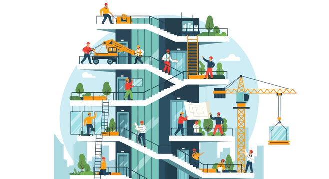 Modern Construction Building with Workers and Equipment.