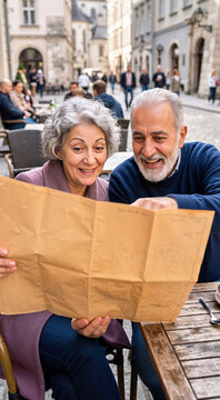 Smiling mature couple looking at a paper map at an outdoor cafe. Senior tourists planning a route in a European city street