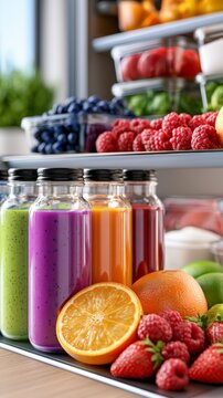 Colorful protein smoothies and fresh fruits in an organized refrigerator in a bright kitchen Generative AI