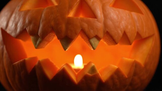 Carved Halloween jack-o-lantern with flickering candle on dark