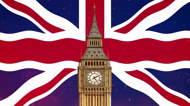 Big Ben Clock Tower with Waving UK Union Jack Flag Motion Graphic Animation