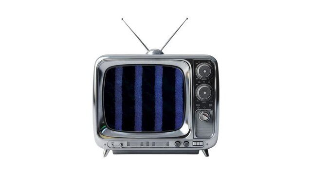 Vintage Retro Television Set with Chrome Frame and Rabbit Ear Antennas Showing Blue Screen Signal Test on White Background