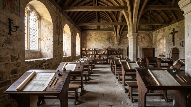 Interior View of a Medieval Scriptorium Featuring Antique Wooden Writing Desks and Stone Vaulted Ceilings in a Historical Monastery Setting