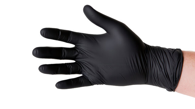 Hand wearing tight black nitrile glove for protection. Disposable safety glove on human palm for medical or industrial use.
