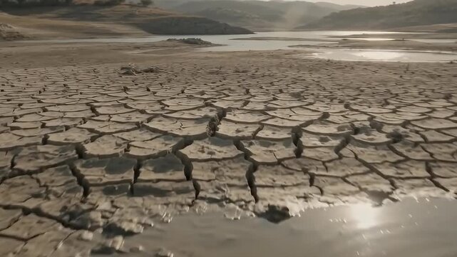 Arid Landscape with Cracked Dry Earth and Receding Water