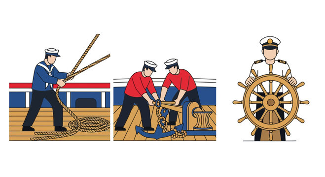 Sailors Working on Deck of a Ship Vector Collection
