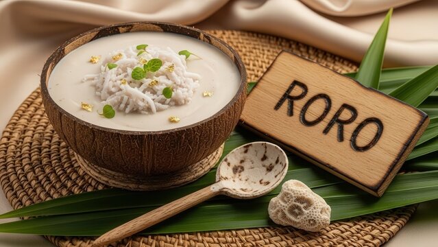 Gourmet Roro grated coconut and taro pudding with edible gold, elegant Pacific Island presentation with warm brown copy space