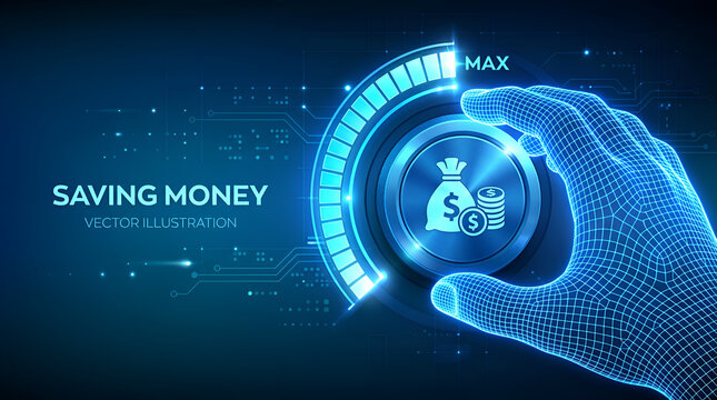Futuristic digital knob turning to maximum savings with a glowing money bag icon on a blue background