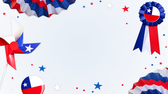 Chilean flag colors decorating a festive frame with pinwheel, rosette, and confetti