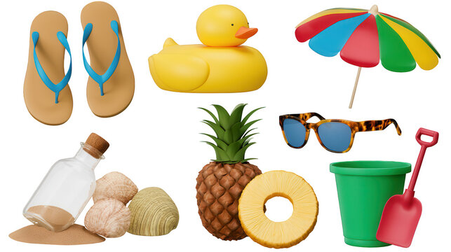 3D summer beach clip art set. Isolated vacation icons for holiday design projects.