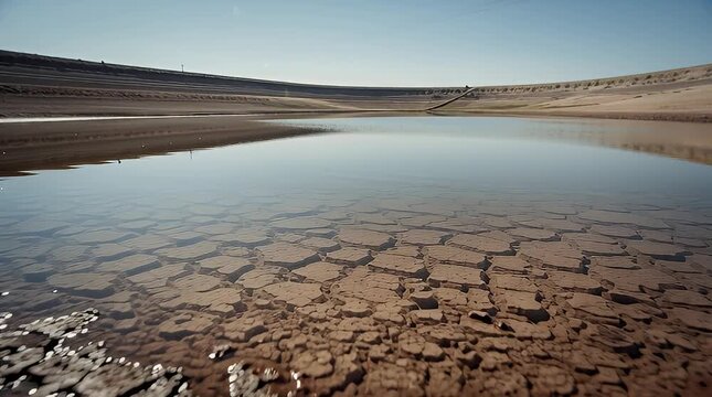 Cracked dry soil at the edge of a shrinking lake during a drought