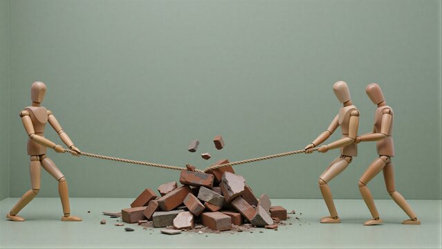 Two wooden figures pull rope tugging at a pile of bricks.