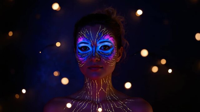 Striking of a woman with neon masks and body paint set against a starry backdrop. Perfect for themes related to science fiction, space, festivals, or artistic expression.