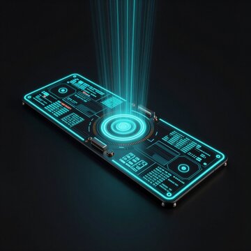 futuristic looking electronic device black background device has rectangular shape flat top rectangular base front device circular screen various buttons knobs screen illuminated blue light shining