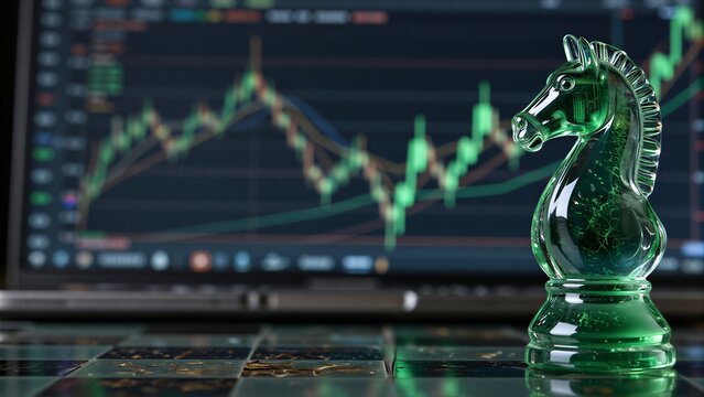 Green chess knight on board, with stock chart glowing behind.