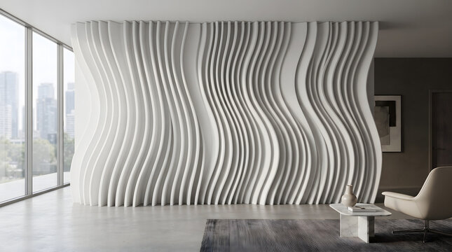 Elegant architectural interior featuring a white wavy parametric wall in a modern luxury apartment