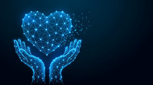 Abstract digital human hands holding a glowing wireframe polygonal heart shape concept of healthcare