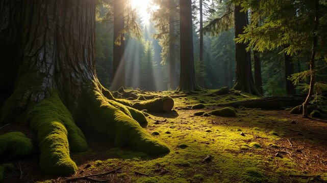 Beautiful natural scene with sunlight creating a path in the forest.