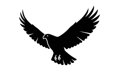 Fototapeta premium Black hawk silhouette in mid-flight with wings fully extended upward isolated on a white background freedom and nature concept