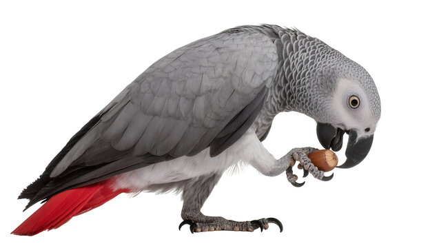 Isolated African Grey Parrot with bright red tail feathers holding a hazelnut in its claw