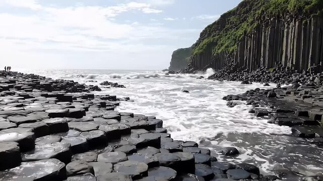 Scenic Coastal View of Giant's Causeway Basalt Columns and Atlantic Ocean Waves in Northern Ireland