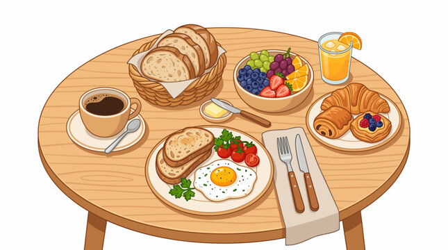 Delicious breakfast spread with coffee, toast, fried egg, fruit salad, pastries, and orange juice on a wooden table