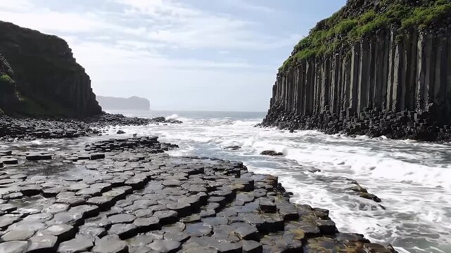 Dramatic Coastal Landscape of Giant's Causeway Basalt Rock Formations and Rough Sea Waves
