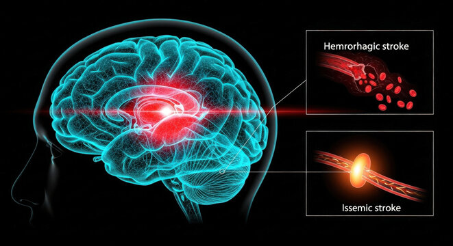 Human brain with glowing red area indicating stroke condition hemorrhagic and ischemic types of stroke illustrated medical condition diagram science concept.