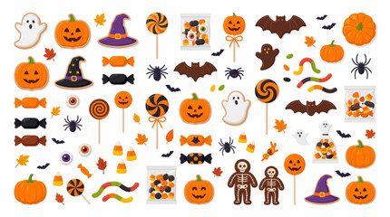 Fototapeta premium Halloween Collection of Spooky Treats and Decorations Featuring Pumpkins Ghosts Bats and Candies