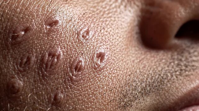 Close-Up View of Human Skin Showing Pustules Lesions and Skin Disease Symptoms for Medical Research
