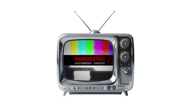 Retro vintage television displaying colorful test pattern screen signal with warning text isolated on white background 3d rendering