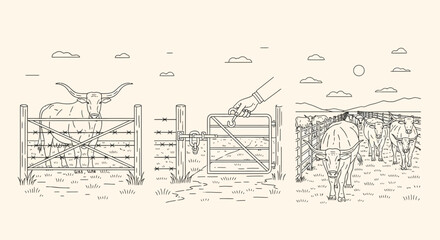 Fototapeta premium Cattle Ranching Sequence Line Art Showing Farm Gate Opening to Pasture