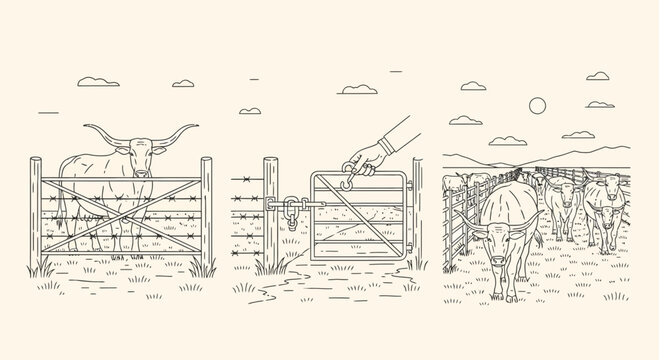Cattle Ranching Sequence Line Art Showing Farm Gate Opening to Pasture