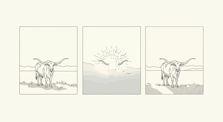 Obraz premium Sketch of longhorn cattle in misty morning field triptych