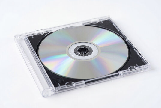 Blank silver compact disc resting inside a clear plastic jewel case on a plain white surface