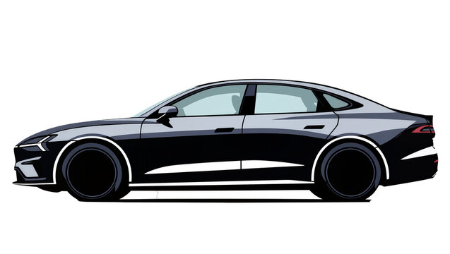 Isolated sleek black electric sedan car, side profile, modern design, clean vector graphic illustration