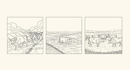 Obraz premium Vintage Line Art Illustrations of Cattle Herd and Farm Animals