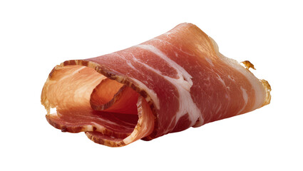 Fototapeta premium Isolated rolled slice of delicious cured ham or prosciutto with streaks of fat for food design